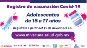 Inicia este viernes registro de jóvenes de 15 a 17 años para vacunación contra COVID-19