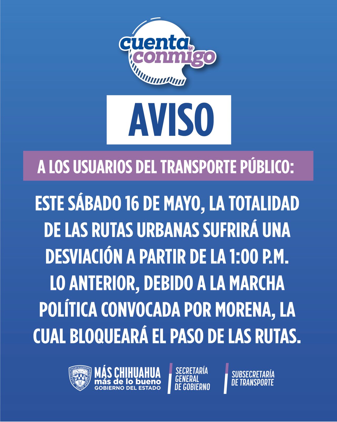 Anuncia Transporte modificaciones en rutas alimentadoras debido a marcha de Morena