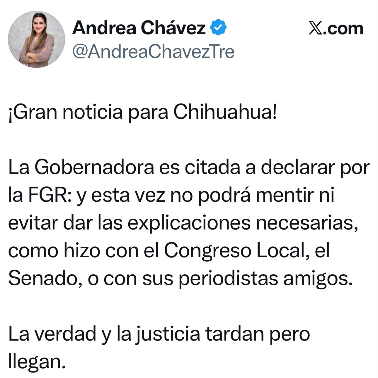 “La verdad y la justicia tardan pero llegan”: Andrea Chávez