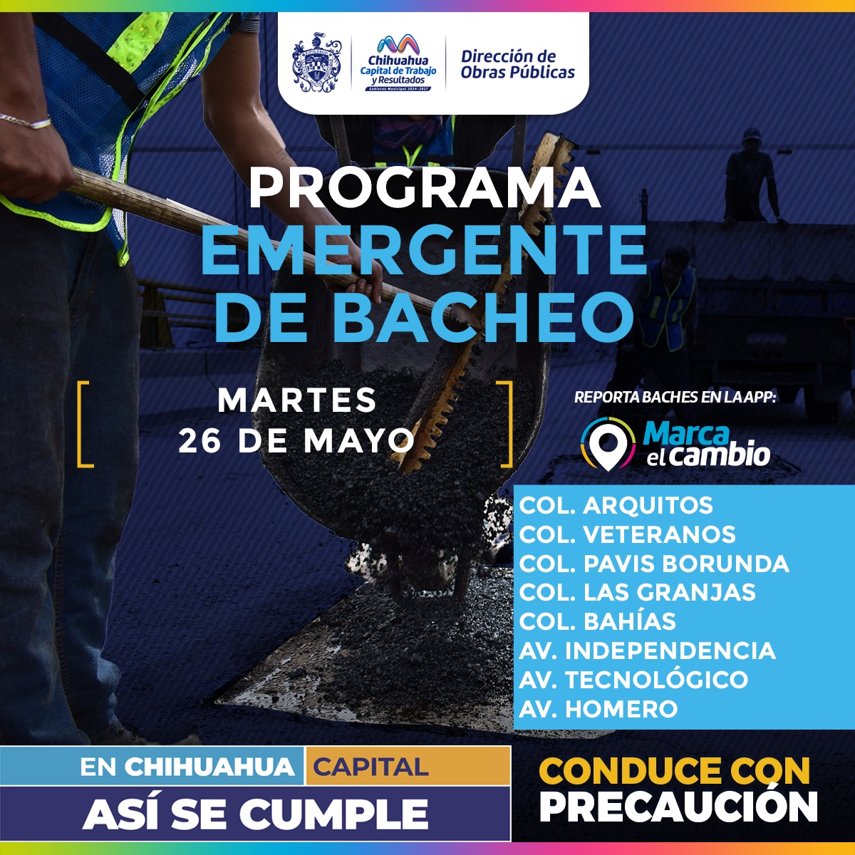 Ocho zonas tendrán bacheo este martes