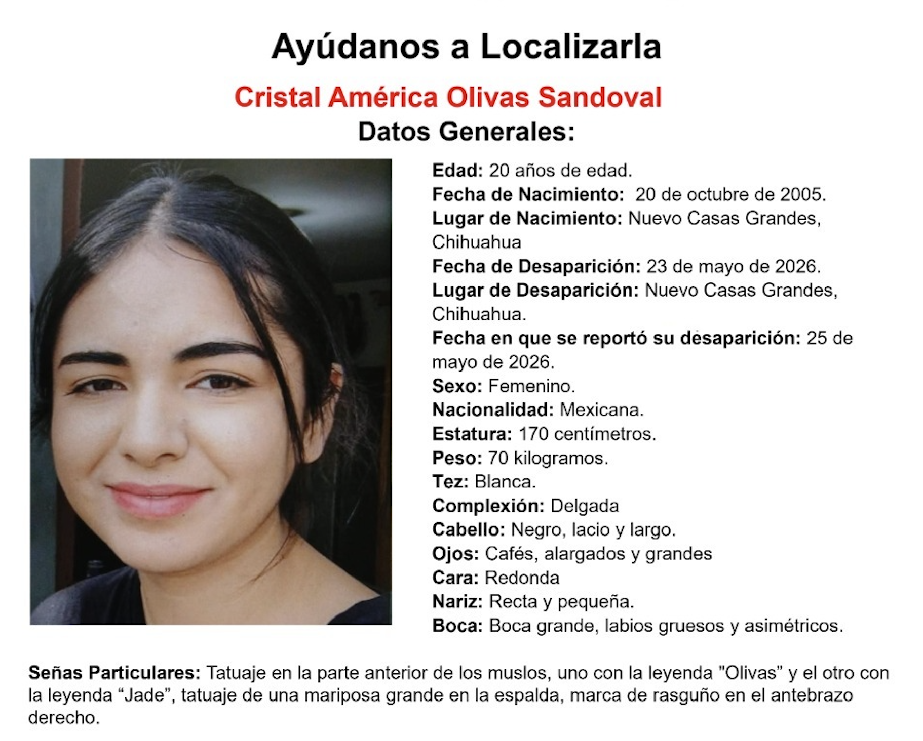 Piden apoyo para localizar a Cristal América Olivas