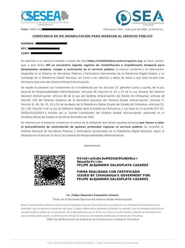 SESEA emitirá las constancias de no inhabilitación