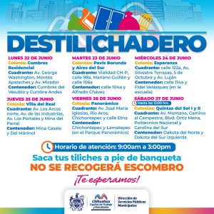 Estará Destilichadero en ocho colonias del 22 al 27 de junio