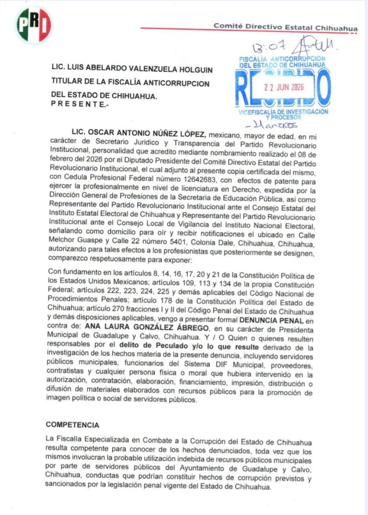 PRI denuncia peculado contra alcaldesa de Gpe. y Calvo
