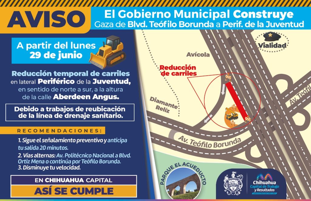 Habrá reducción de carriles en tramo de lateral del De la Juventud
