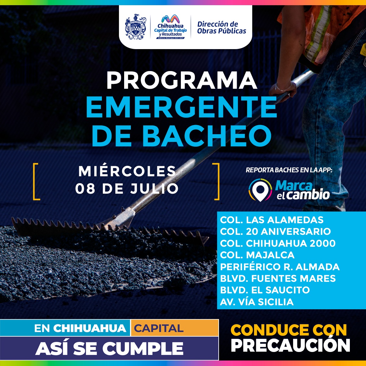 Ocho zonas tendrán bacheo este miércoles